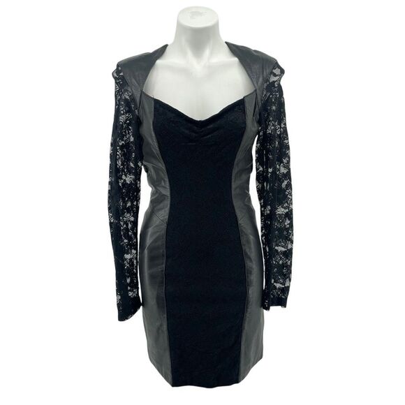 Vintage Wilson’s Leather Black Lace Panel Goth Mini Dress Genuine Leather 90s M